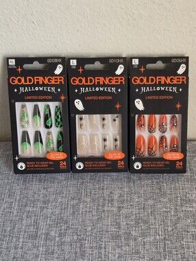 3 Packs Goldfinger By Kiss Halloween Limited Edition Nails Long Spider Webs